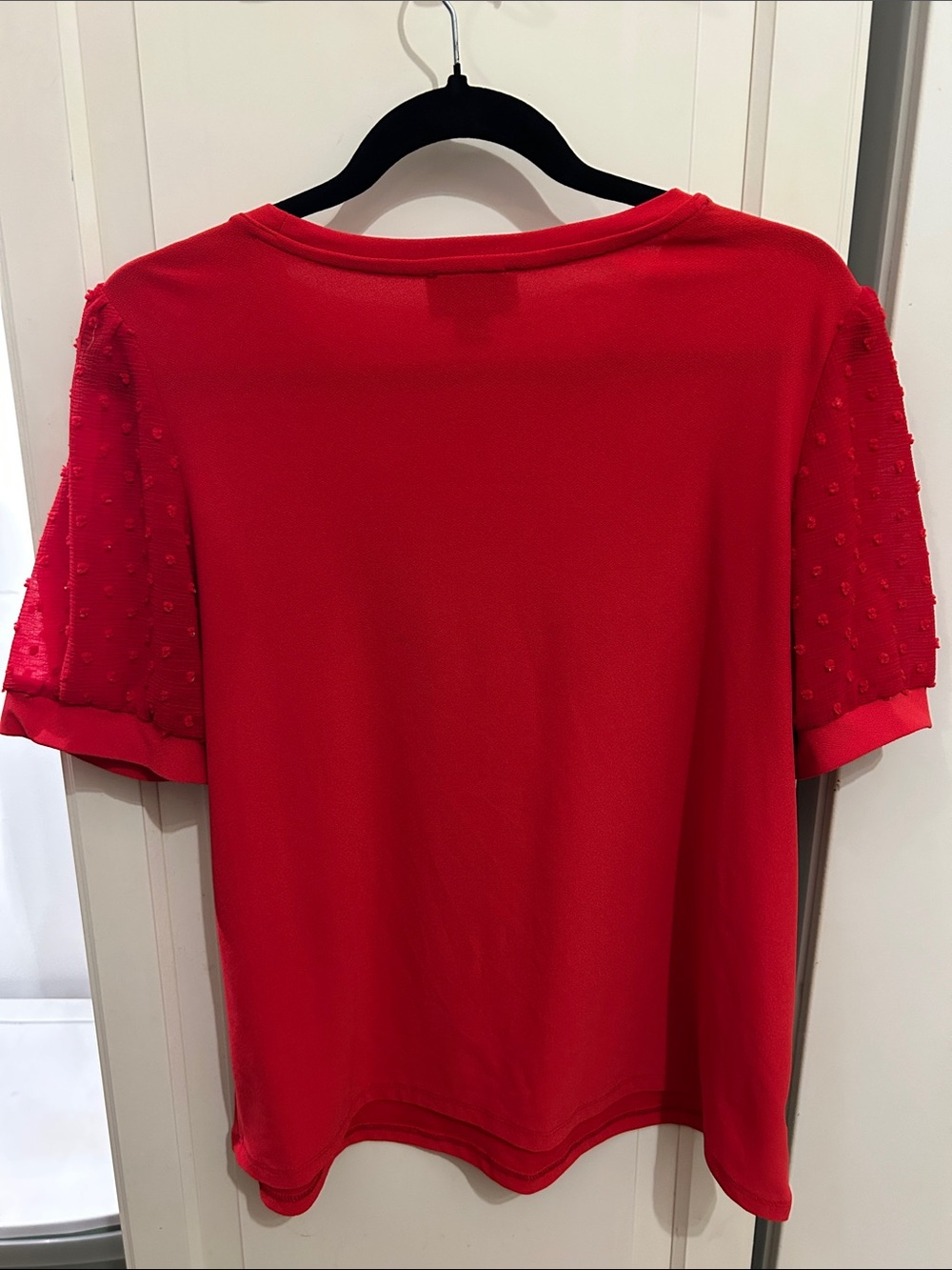 CeCe Red Short-Sleeve Top with Textured Dot Sleeves